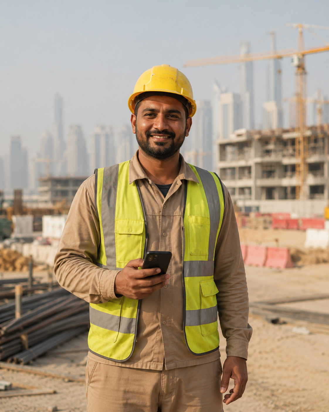 Construction worker on a UAE site, holding a phone